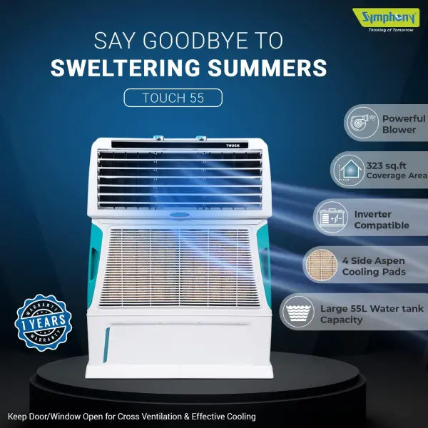 Symphony Touch 55 Personal Air Cooler with 4-Side Aspen Pads (55L, White)