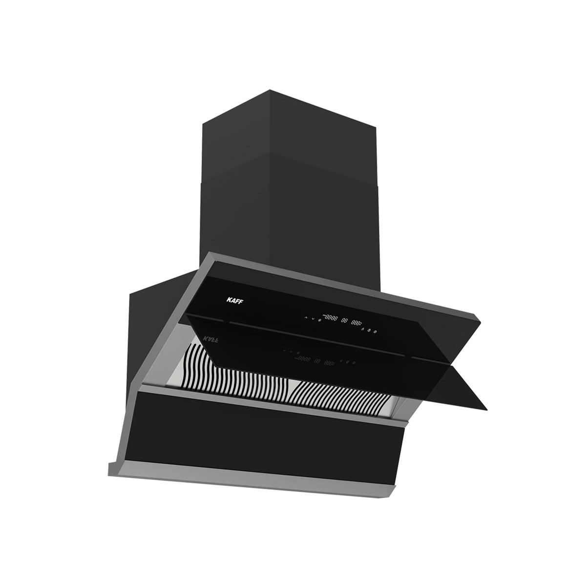 Kaff FALCON DX 90 chimney angled view with glass panel open showing the baffle filter