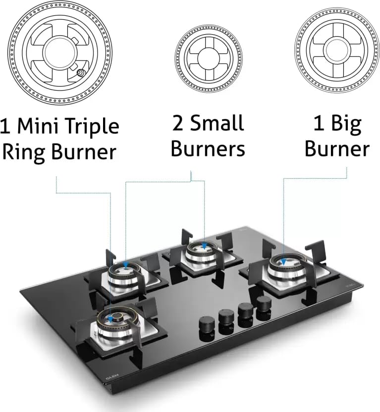 Glen 4 Burner Built In Glass Hob | Auto Ignition | 8 MM Toughened Glass | Black | Forged brass burners with double-ring flames | Warranty 2 Years Standard & 5 Years Glass |1074 SQ HT MTR