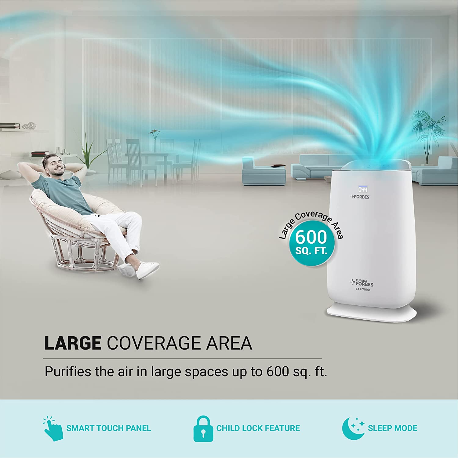 Eureka Forbes Air Purifier FAP 7000|Eliminate 99.95% Bacteria & Viruses|HEPA Filter|Controls Foul Smell (White), Standard