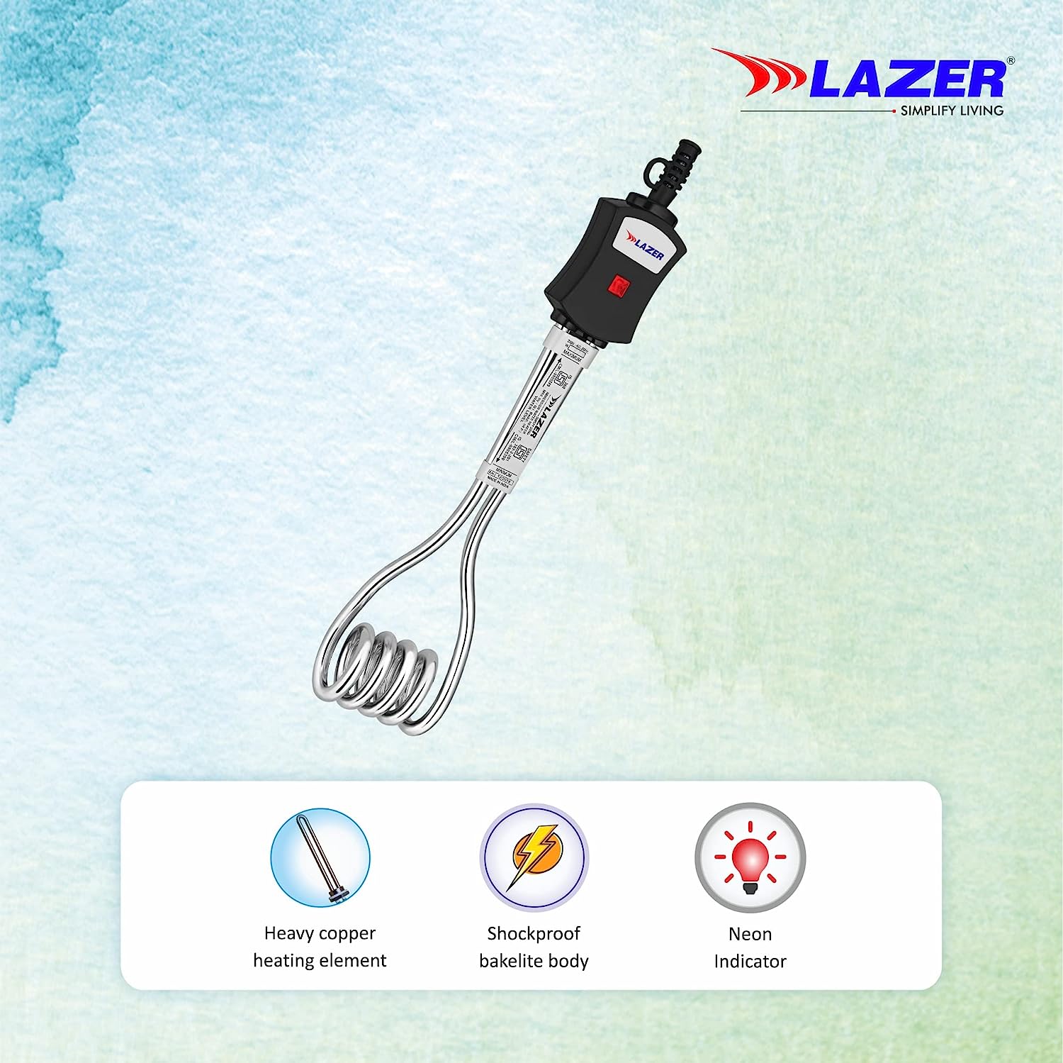 Lazer Aqua Therm ISI Certified 1000 Watts Copper Shockproof Bakelite Body Immersion Rod Water Heater (Black)