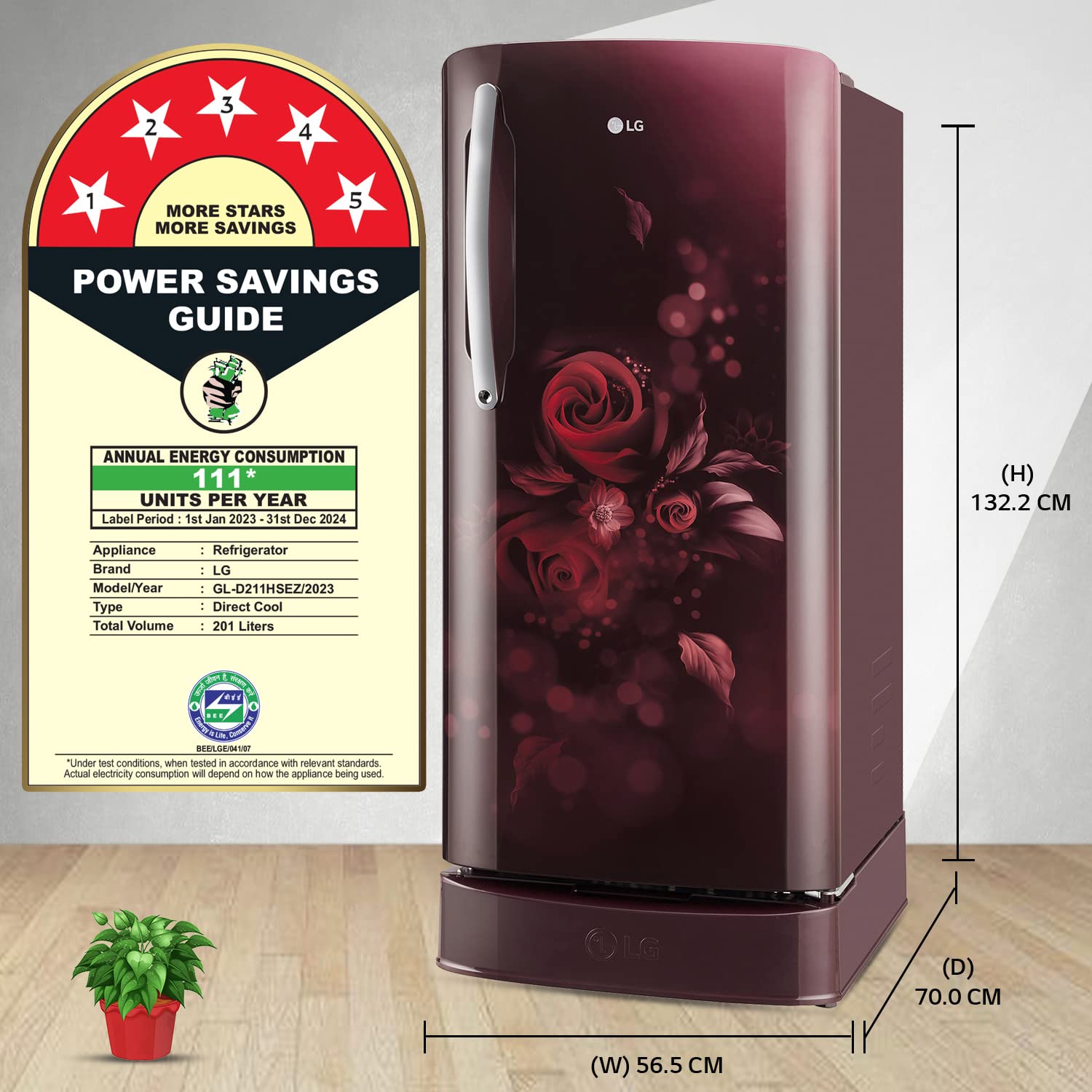 LG 201 L 5 Star Inverter Direct-Cool Single Door Refrigerator (GL-D211HSEZ, Scarlet Euphoria, Base stand with drawer, Gross Volume- 204 L)