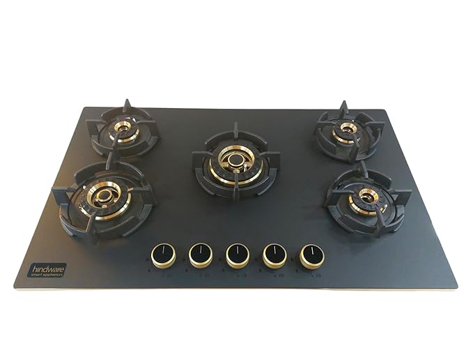 Hindware Ivana 5B 86 CM | Built in Hob With Flame Failure Device | Frost Glass with Golden Coated SS Strips | Gold Metallic Finish & Jet Black Knobs | Matt Black Glass Automatic Hob (5 Burners)