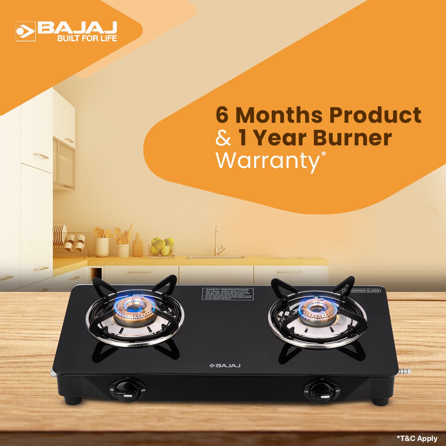 Bajaj UCX 2B Powder Coated Glasstop Gas Stove, 2 Burners, Black