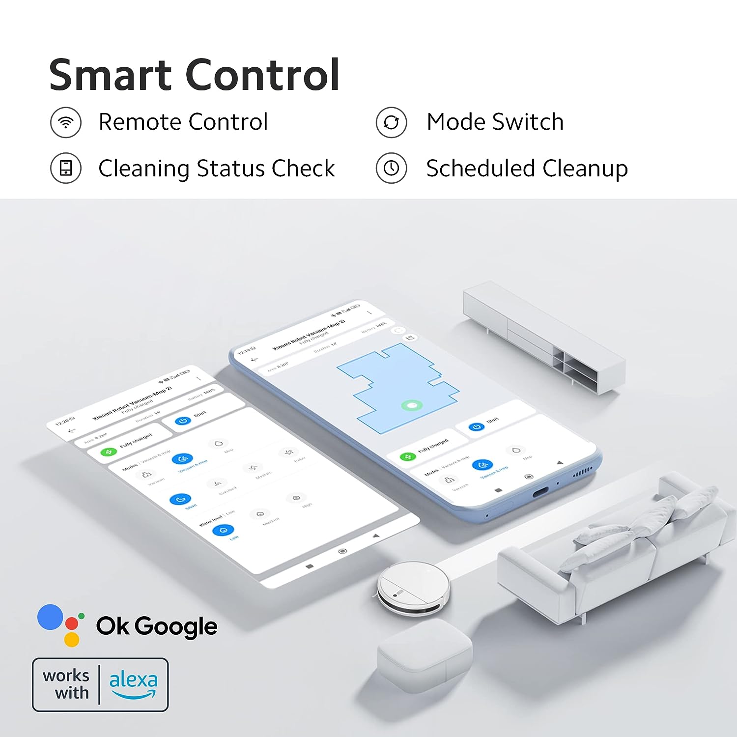 MI Xiaomi Robot Vacuum-Mop 2i, 2200 Pa Powerful Suction, 450 mL Large-Capacity Dustbin, Electronically-Controlled 270 mL Water Tank, Controls remotely via app, Alexa/GA Enabled, White