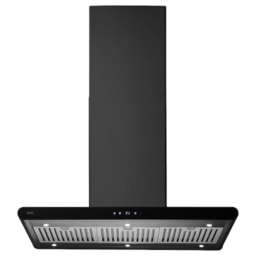 Kaff CANARY DHC BF 90 IS B black island chimney, front view with touch controls and filter