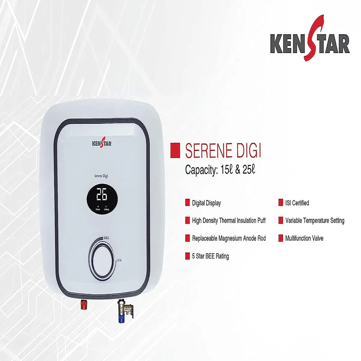 KENSTAR SERENE 15 Liter Durable and Non Corrosive Storage Water Heater_White
