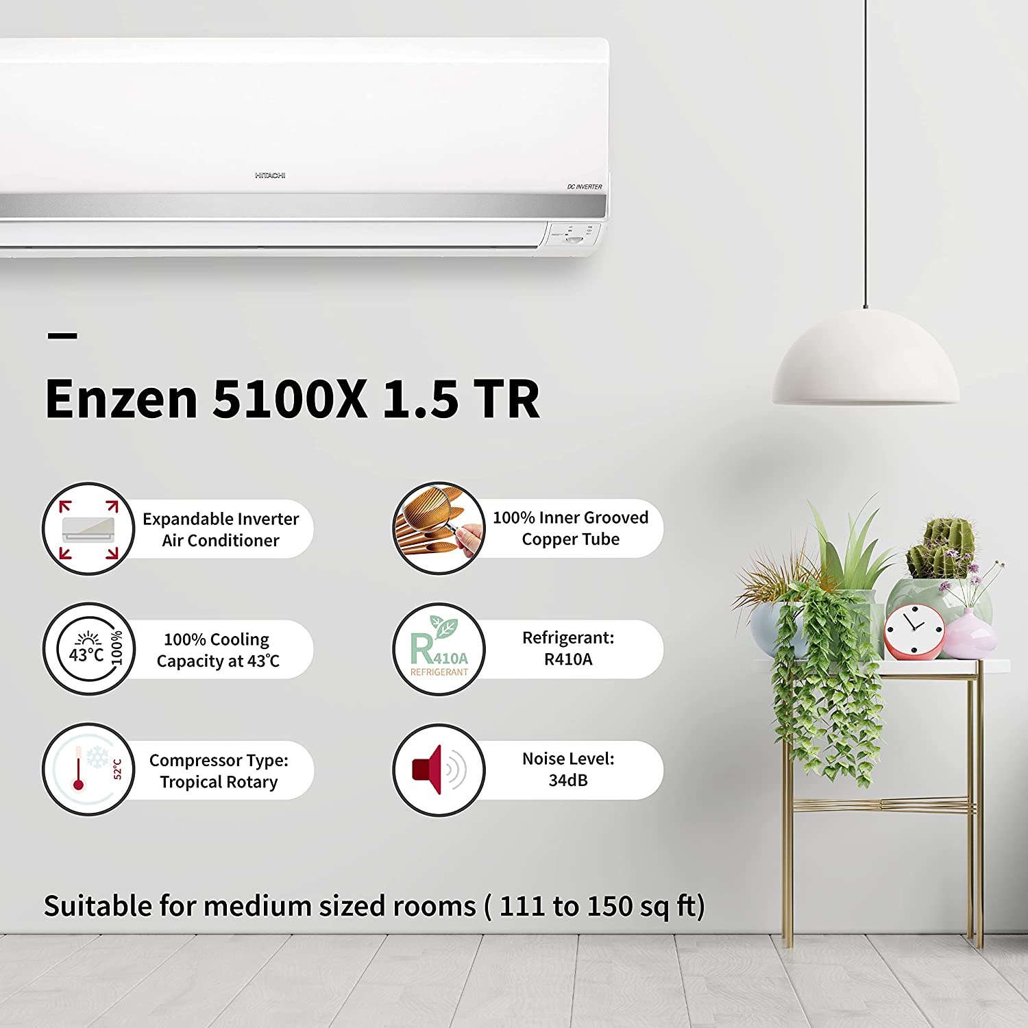 Hitachi 1.5 Ton 5 Star Inverter Split AC (Copper, Dust Filter, 2021 Model, RSOS518HEEA, White)