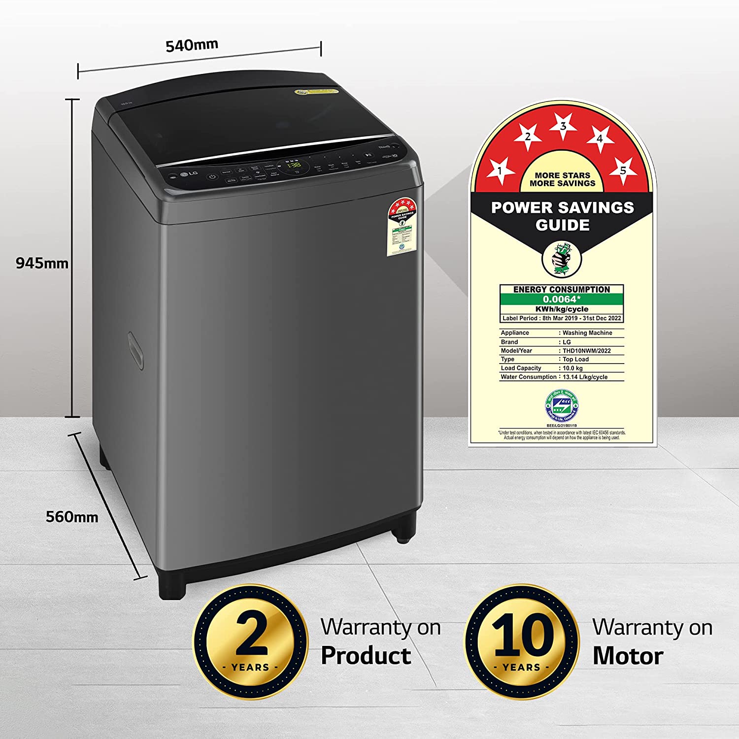 LG 10 Kg 5 Star Inverter Wi-Fi Fully-Automatic Top Load Washing Machine (THD10NWM, Middle Black, AIDD Technology)