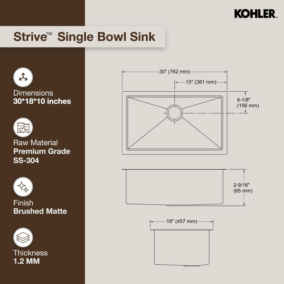 Kohler Kitchen Sink | 1.2 mm Thick Stainless Steel Single Bowl with SilentShield™ | 10" Deep, Round Corners for Easy Cleaning | 30x18x10 inches, Brushed Matte Steel