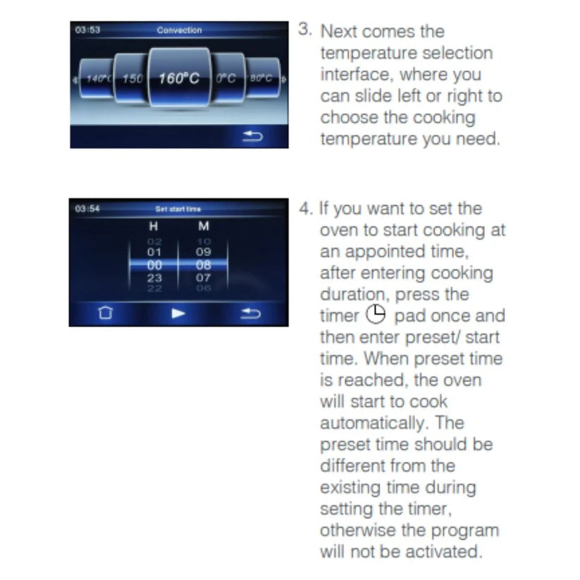 Hafele Iris oven temperature selection and set start time screens with instructions