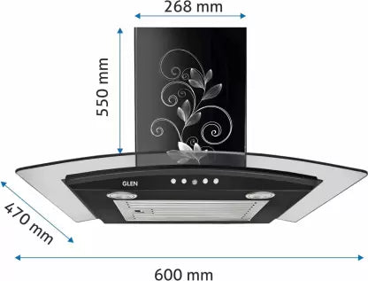 Glen Krysta 60 Curved Glass 60 cm| Baffle Filter | Low Noise Wall Mounted Chimney  (BLACK 1000 CMH)