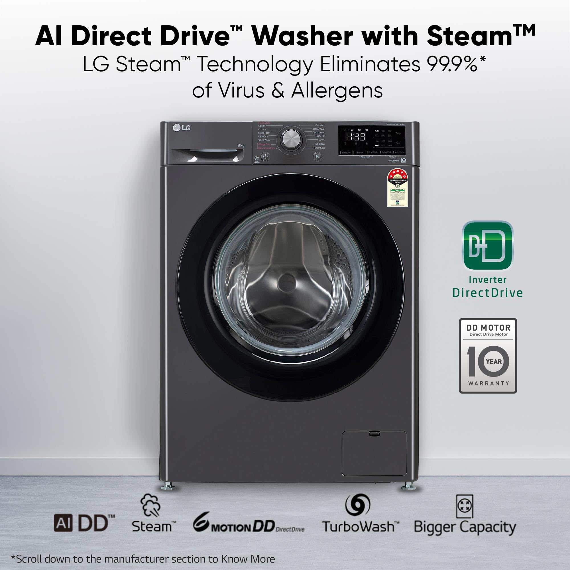 LG 8 Kg, 5 Star, AI Direct Drive Technology, Steam & 6 Motion DD Fully-Automatic Front Load Washing Machine (FHP1208Z3M, Intelligent & Convenient Fabric Care, Allergy Care, Middle Black)