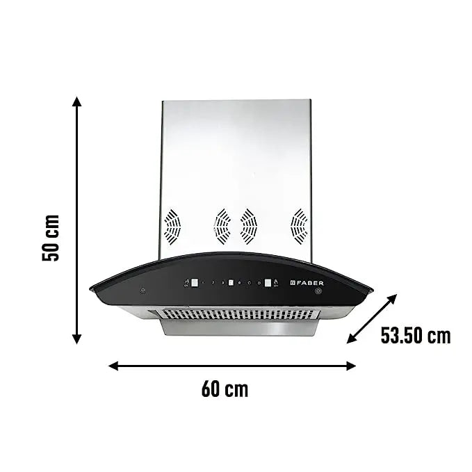 Faber Hood Everest Smart chimney dimension diagram showing 60 cm width, 53.5 cm depth and 50 cm height