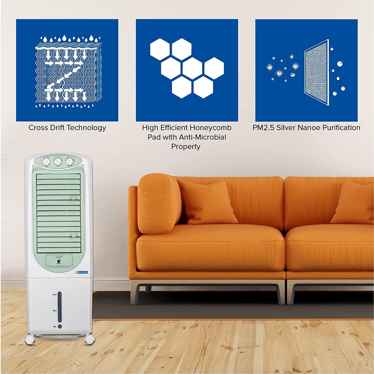 BLUE STAR Premia 27 Litres Tower Air Cooler PA27PMC with Cross Drift Technology and PM2.5 Silver Nano Purification, White