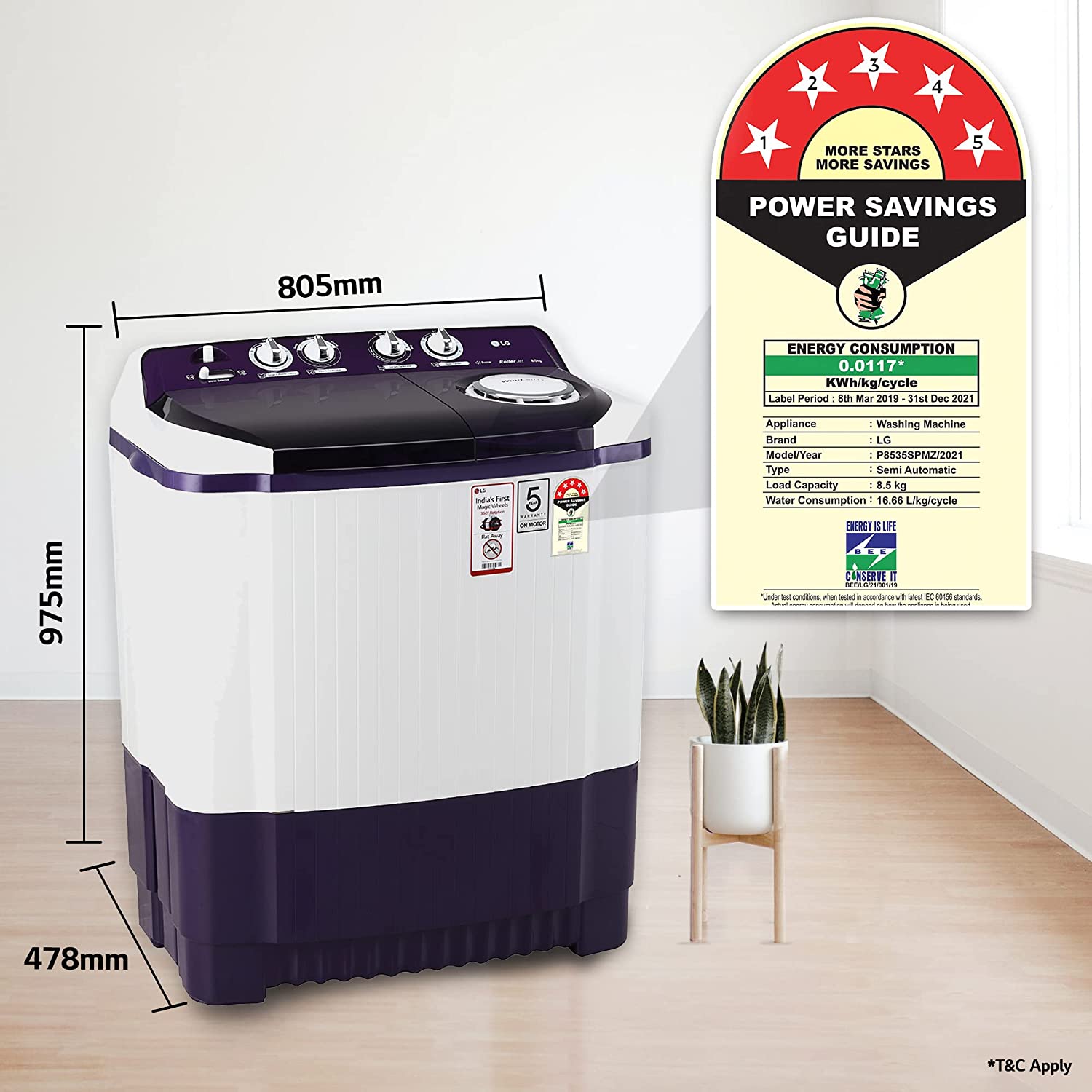 LG 8.5 Kg 5 Star Semi-Automatic Top Loading Washing Machine (P8535SPMZ, Purple, Roller Jet Pulsator), Large