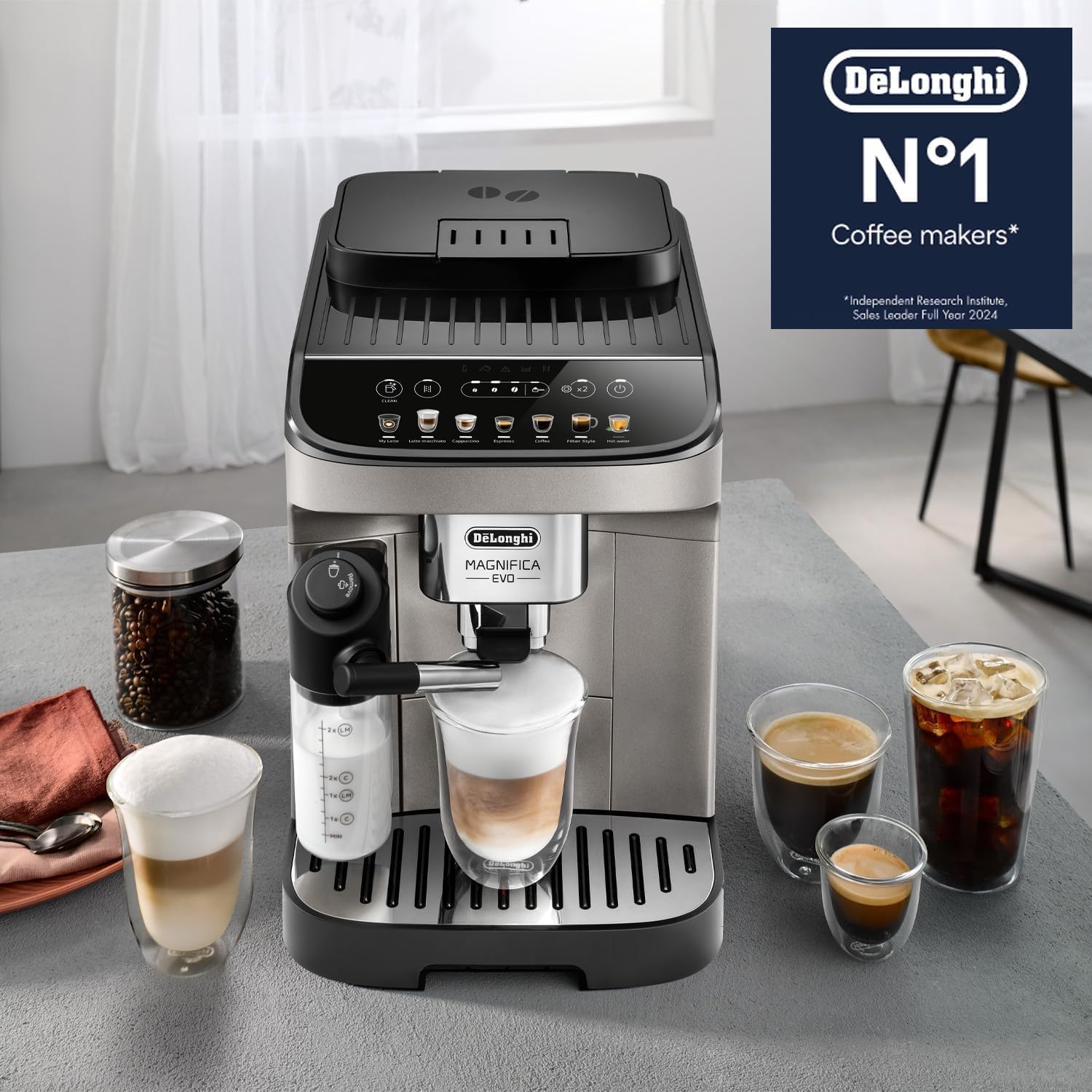 DeLonghi Ecam290.81 Magnifica Evo|Bean To Cup Coffee Machine|7 One-Touch Recipes|15 Bar|1450 W|Demo & Installation (Titanium Black)
