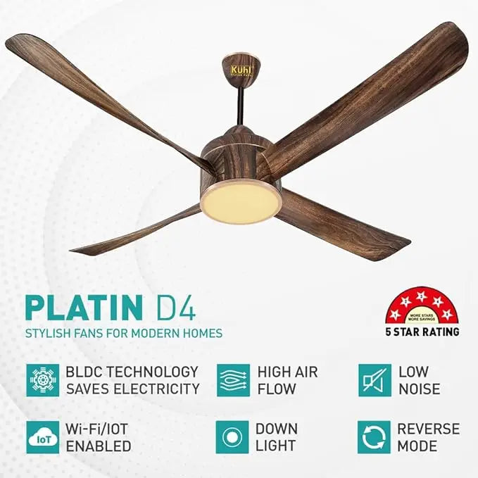 KUHL Platin D4, Teakwood, Stylish BLDC Fan |5 Star Rated| Low Power 38W |High Air Flow| Low Noise|4 Aerodynamic ABS Blade| Down Light | 1500 mm Sweep| Operate on Remote - Mobile - Alexa |Reverse Mode