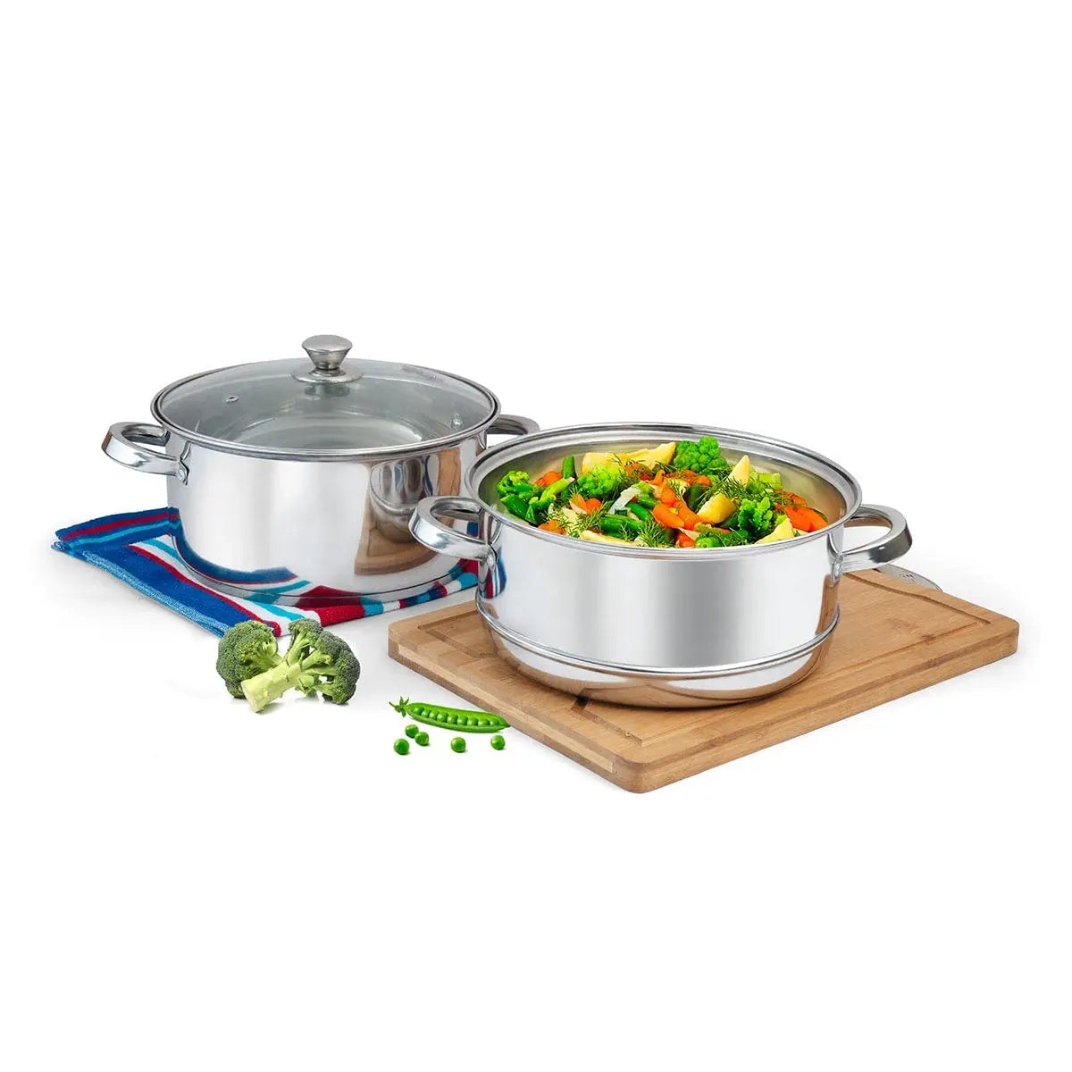 SignoraWare All Rounder Stainless Steel Induction Bottom Steamer/Modak/Momo Maker with Glass Lid (20cm) 2 Tier, Set of 1, Multicolour