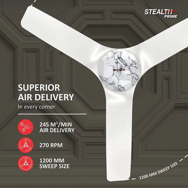 Havells Stealth Prime The most silent fan 1200mm BLDC motor and Remote Controlled Ceiling Fan Marble Pearl White