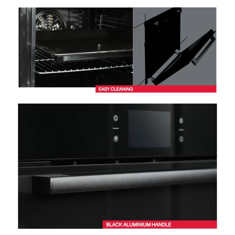 Hafele Iris oven interior with tray and removable door, plus black aluminium handle close-up