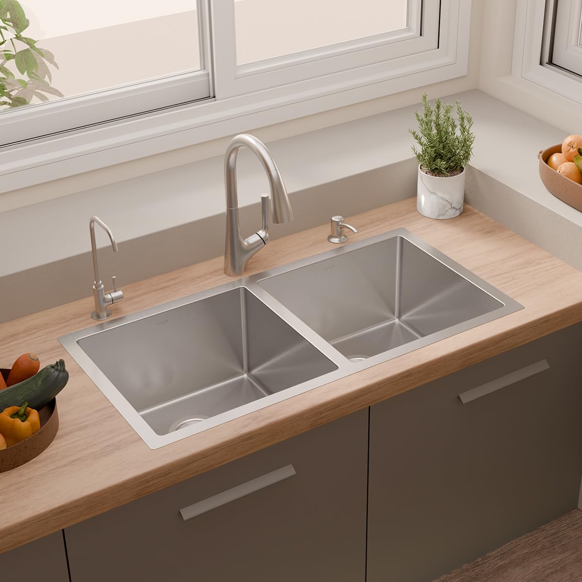 Kohler Strive™ Kitchen Sink |1.2 mm Thick Stainless Steel Double Equal Bowl with SilentShield™ |10" Deep, Round Corners for Easy Cleaning | 45x18x10 inches, Brushed Matte Steel