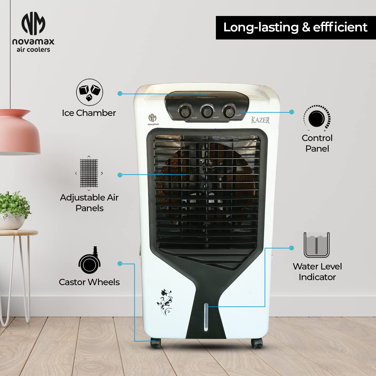 Novamax Kazer 80 L Desert Air Cooler With High Density Honeycomb Cooling Pads, 4-Way Air Deflection, Powerful Air Throw & Ice Chamber (White,Black)