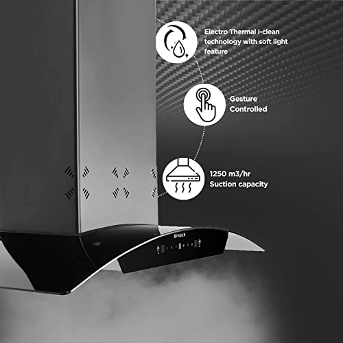 Faber 75 cm 1250 m³/hr Auto-Clean Curved Glass Kitchen Chimney [HOOD EVEREST 3D IN HC SC FL LG 75 ] with Filterless technology, Gesture & Touch Control, Black, Free 1 Year Extended warranty
