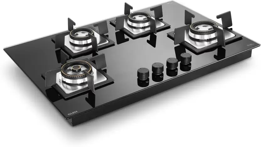 Glen 4 Burner Built In Glass Hob | Auto Ignition | 8 MM Toughened Glass | Black | Forged brass burners with double-ring flames | Warranty 2 Years Standard & 5 Years Glass |1074 SQ HT MTR