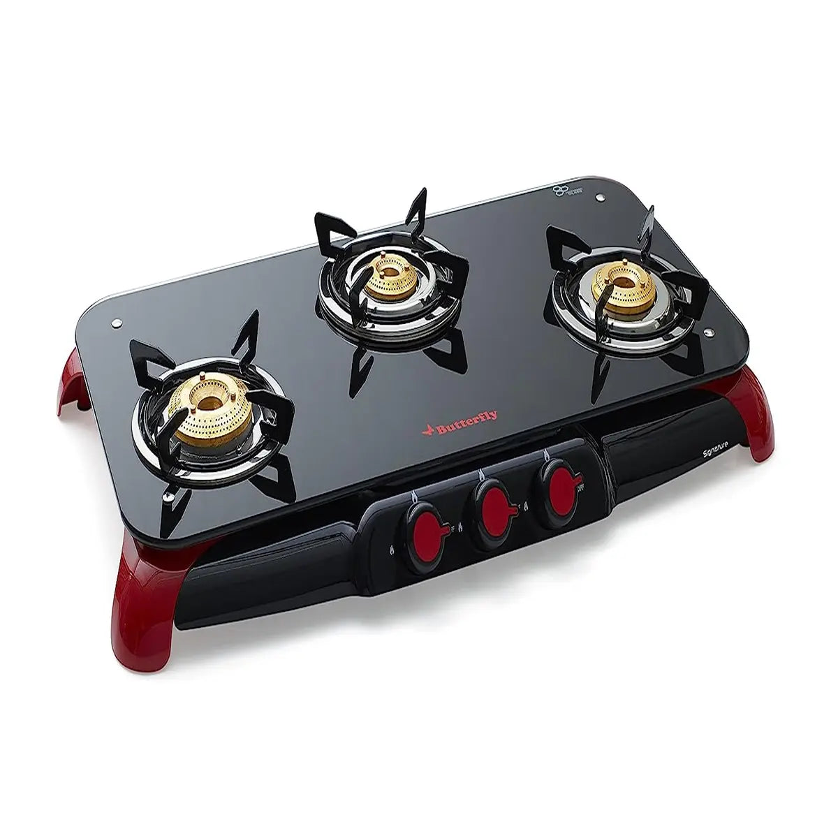 Butterfly Signature Glass Top 3 Burner Gas Stove, Manual Ignition, Black/Red