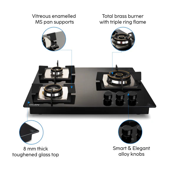 Glen 3 Burner Glass Hob Top with Triple Ring Burner Double Ring Forged Brass Burners Auto Ignition (1063 SQ HT DB TR)