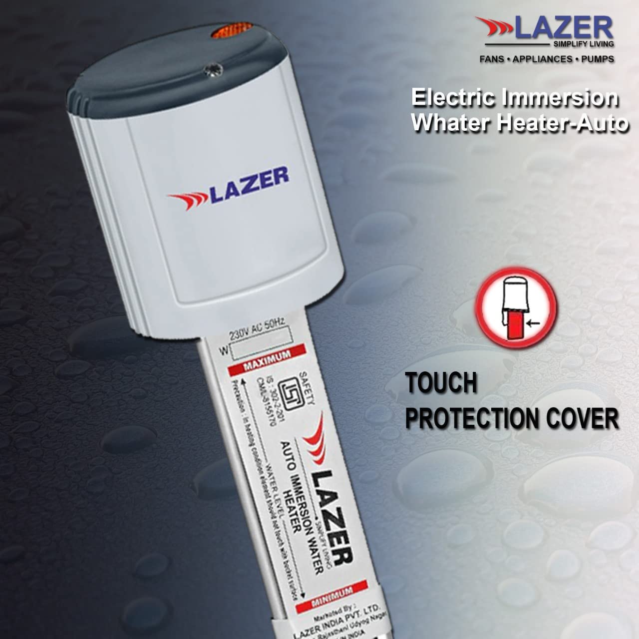 Lazer Aqua Therm 1000 Watt Copper Tube Auto Temperature Control Immersion Rod Water Heater ISI certified (Grey)