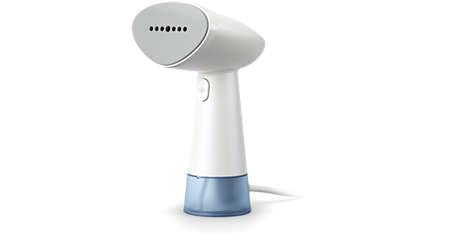 Philips STH1000/10 handheld garment steamer in white with blue water tank base and power cord, front three-quarter view