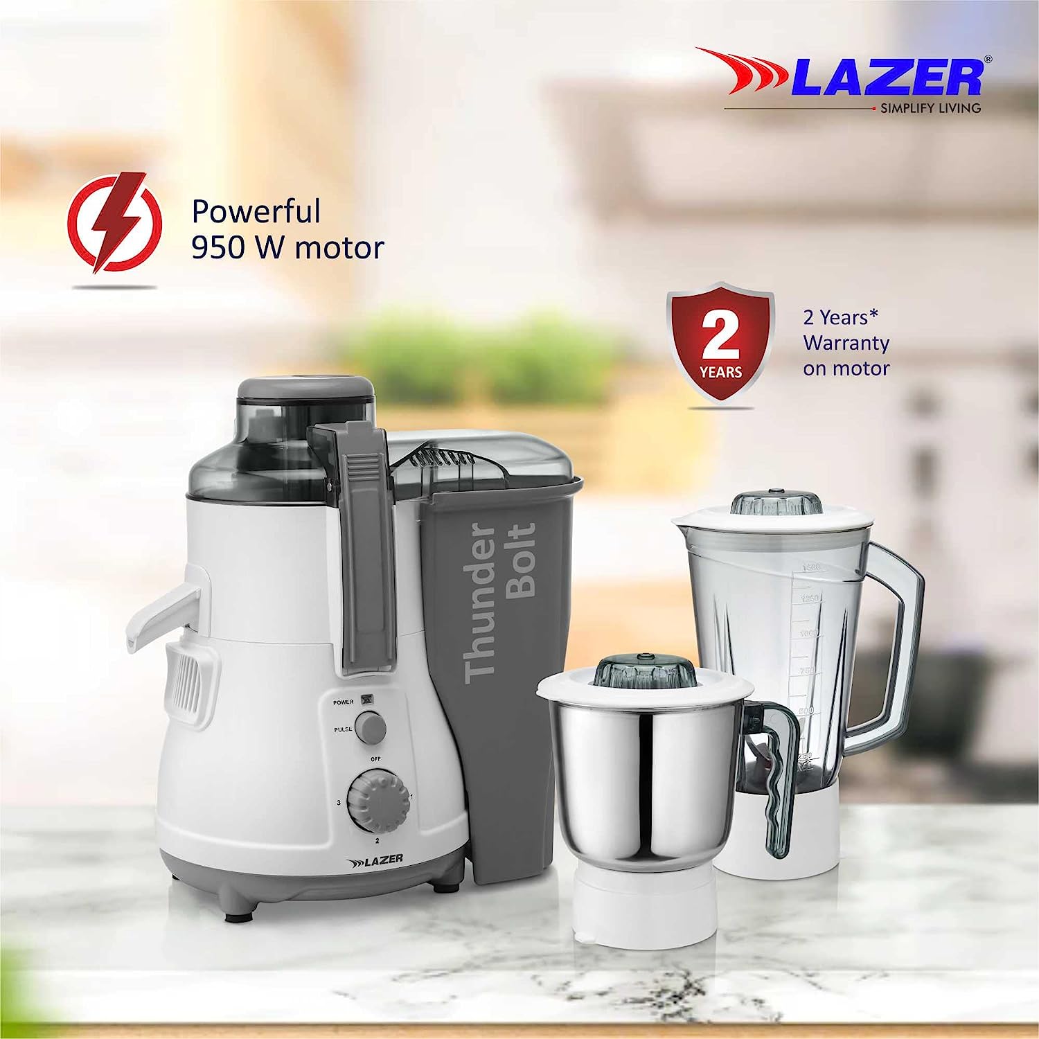 Lazer Thunder Bolt 2 jars 950W Juicer Mixer Grinder (Grey White)