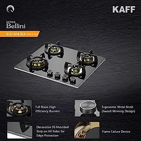Kaff Bellini BLH 604 hob with callouts for full brass burners, metal knob, steel edge strip and flame failure device