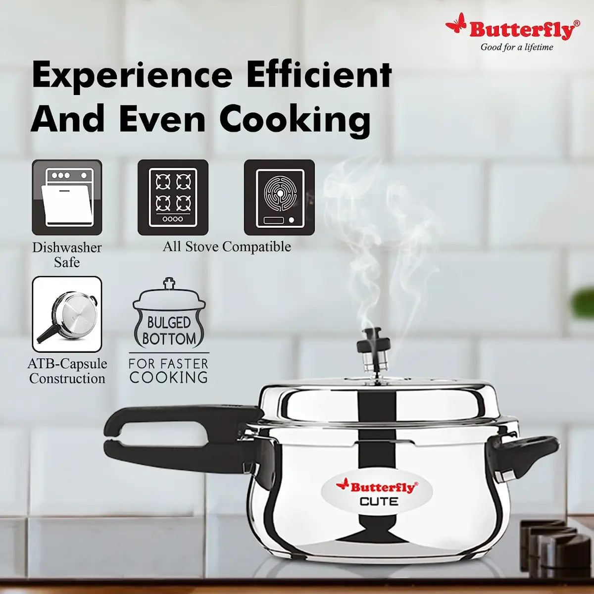 Butterfly Cute SS Induction Compatible Outer Lid Stainless Steel Pressure Cooker with Glass Lid 5.5 Ltr, Silver