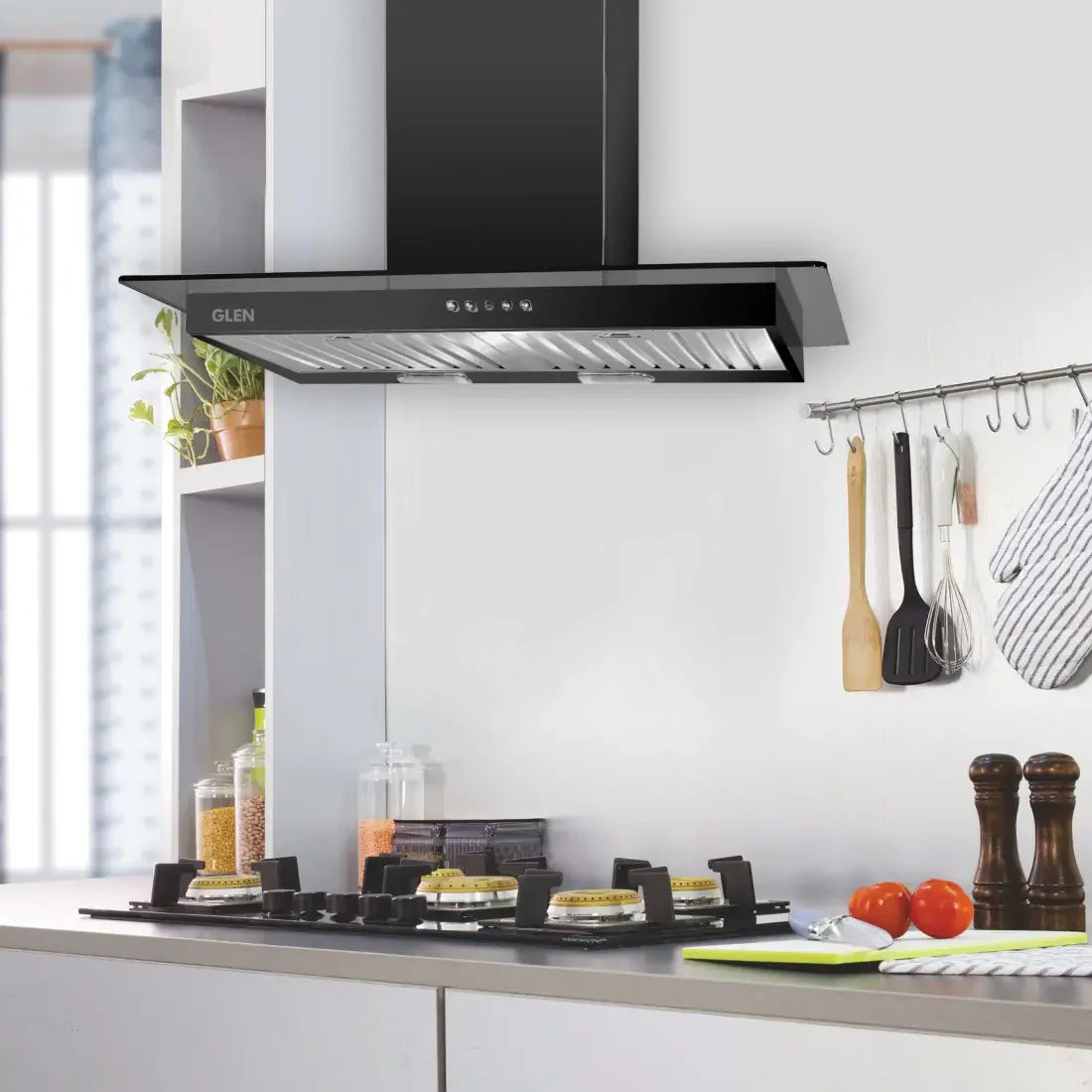 Glen Kitchen Chimney Push Button 6062 Baffle Filter 1000 m3h 90cm Black