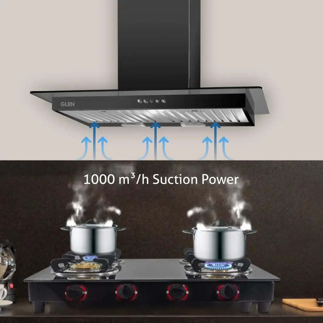 Glen Kitchen Chimney Push Button 6062 Baffle Filter 1000 m3h 90cm Black