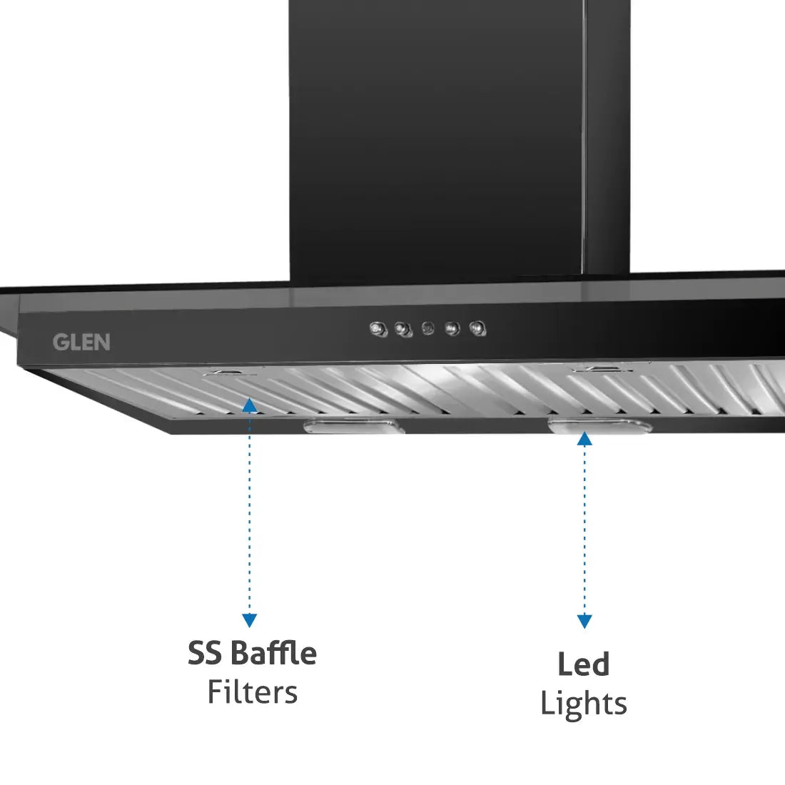 Glen Kitchen Chimney Push Button 6062 Baffle Filter 1000 m3h 90cm Black