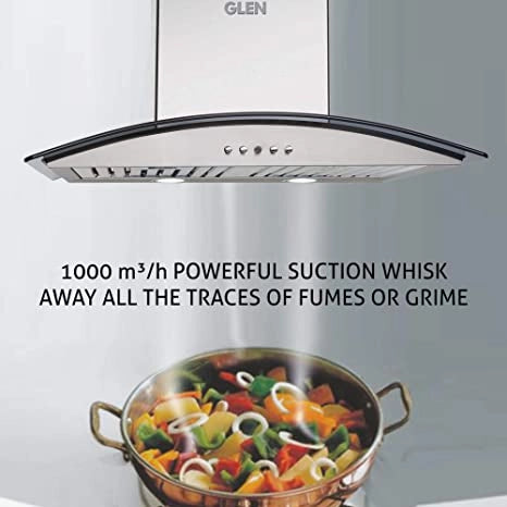 Glen 60cm 1000 m3/h Curved Glass Chimney (6071 SS, Baffle Filters, Push Button Control, Grey)