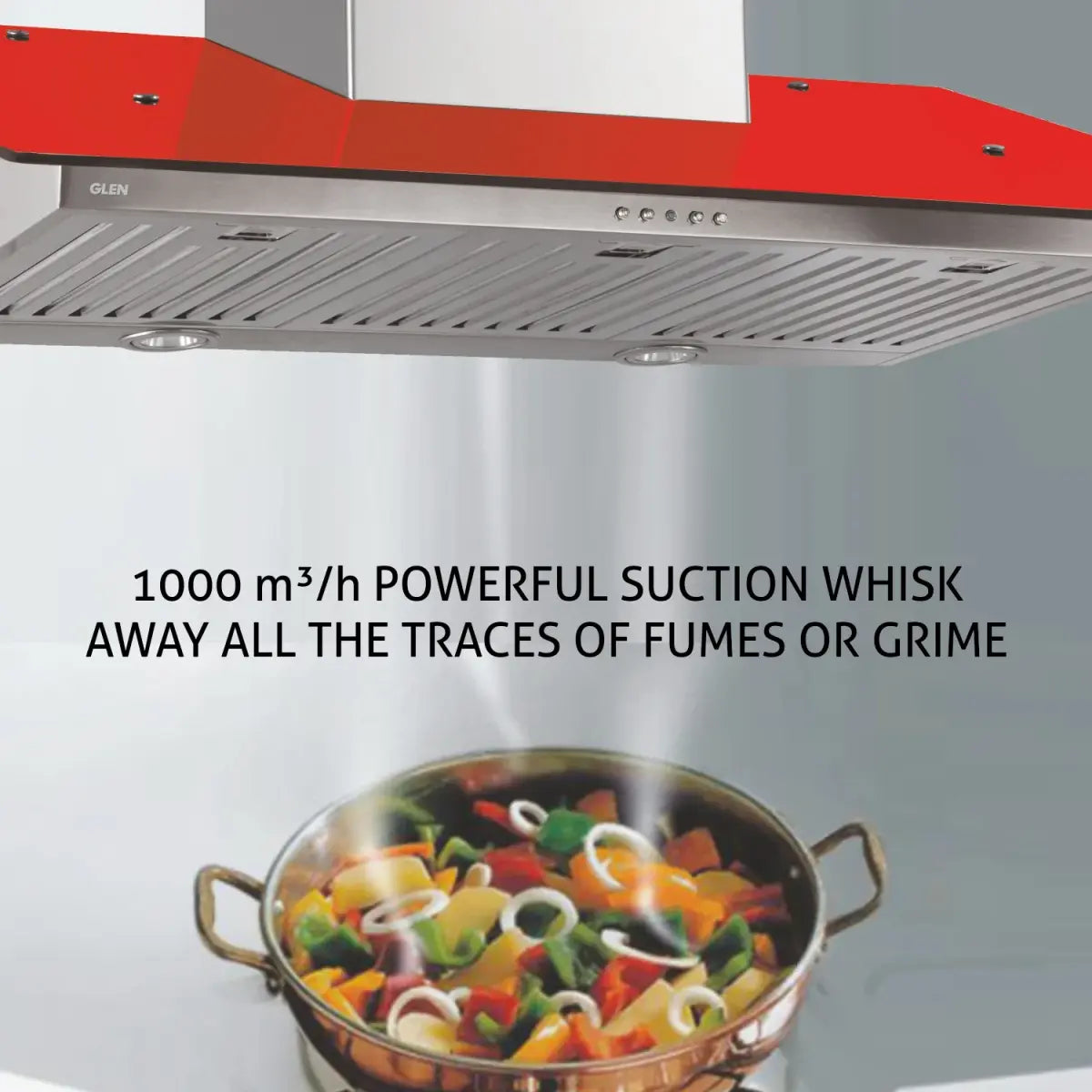 Glen Designer Kitchen Chimney 6077 Red Glass Baffle filters 90cm 1000 m3/h