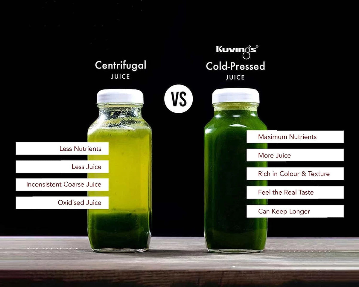 Kuvings EVO810 cold-pressed juice compared with centrifugal juice in two bottles
