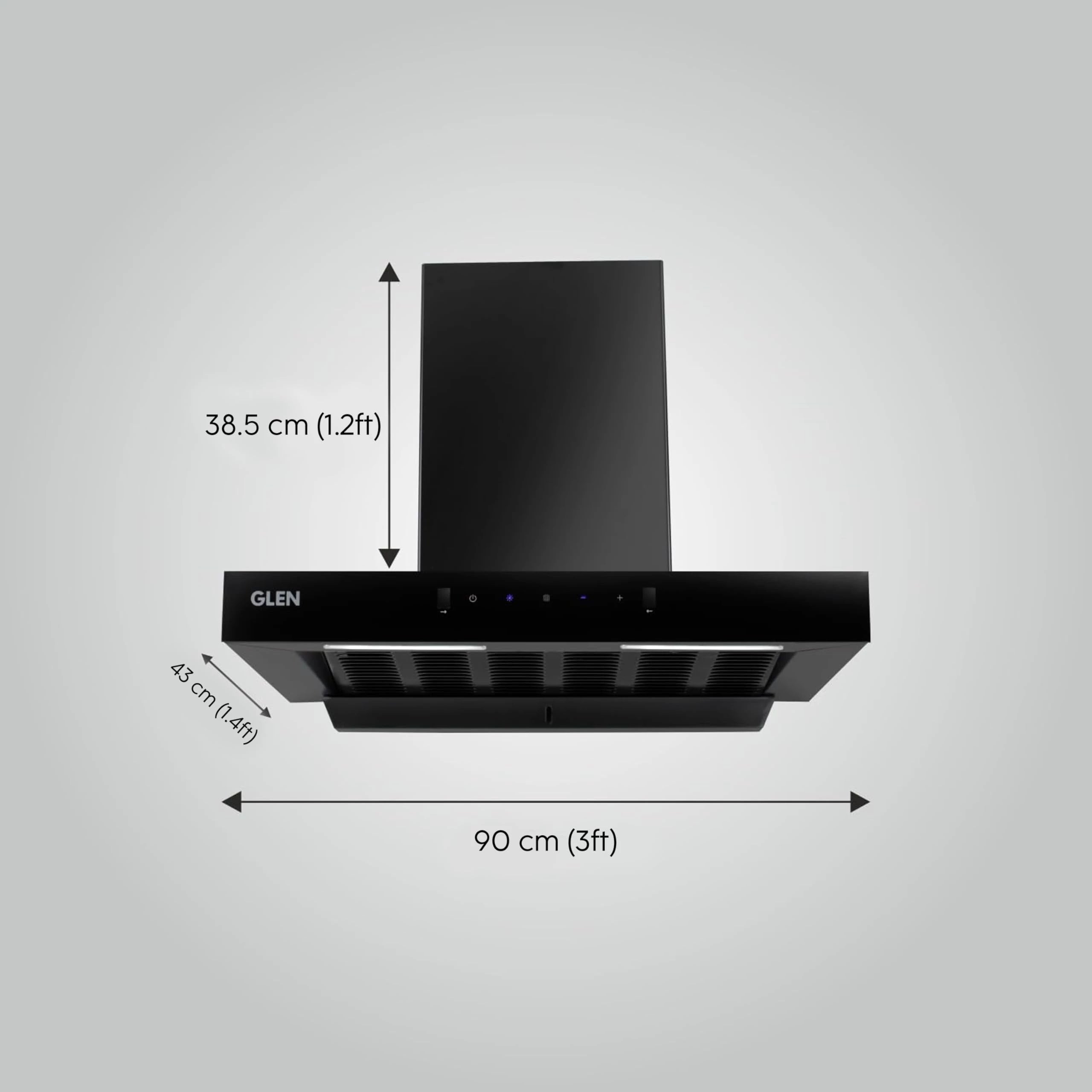 Glen 90 cm 1200 m³/hr Filterless Thermal Autoclean Kitchen Chimney, T-Shaped |(Hood Anya 90,Touch & Gesture Control,Black)