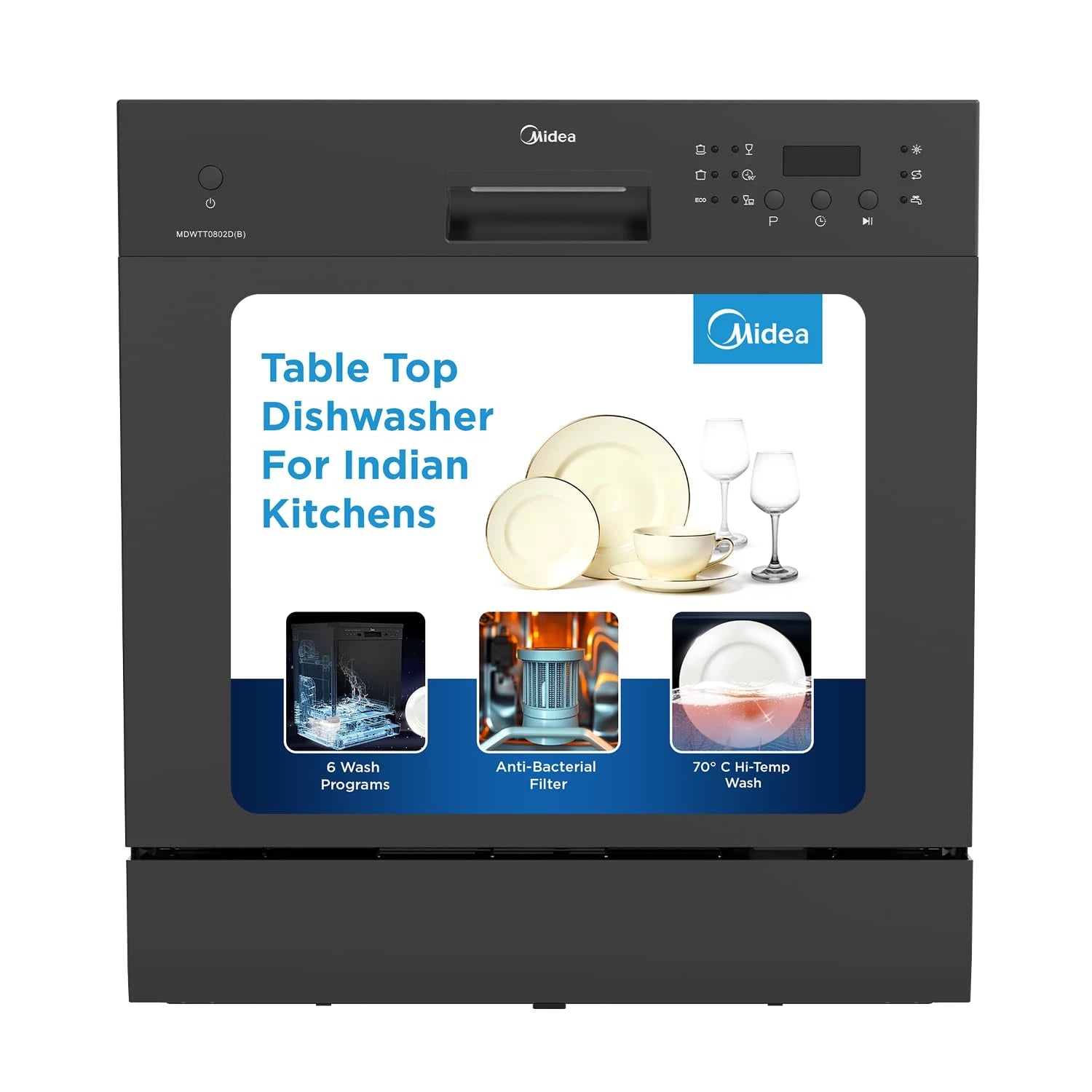MIDEA 8 Place Setting Countertop Dishwasher (MDWTT0802D(B) IN, Black, 6 wash programs, Portable, anti-bacterial filter & Intensive 70 degree wash for Ultra Hygiene, 24 Hour Delay Timer)