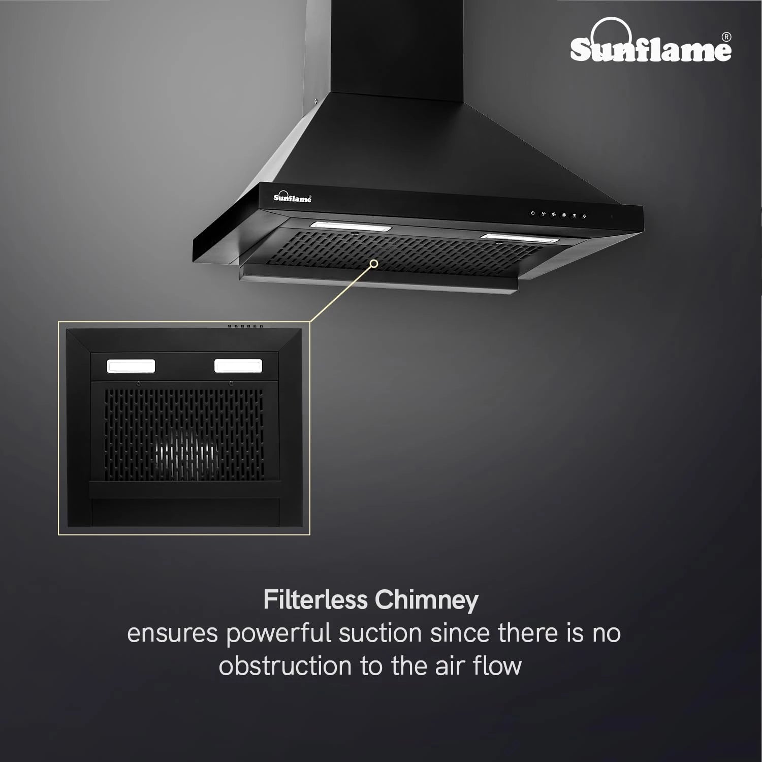 Sunflame Maleo 60 FL HAC Chimney for Kitchen - High Suction of 1200 m³/h/Filter-Less Chimney/One-Press Heat Auto-Clean/Energy-Efficient LED Lights/Low Noise/Easy-to-Clean Panel