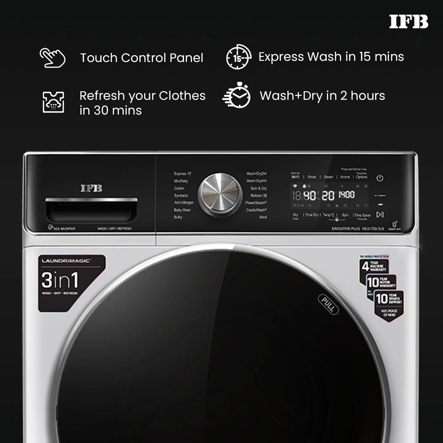IFB 10 Kg/7 Kg/3 Kg 3-in-1, AI Powered, Fully Automatic Washer Dryer Refresher (IFB Laundrimagic®, EXECUTIVE PLUS ZXS, 9 Swirl Wash, Eco Inverter Technology, Rich Silver)