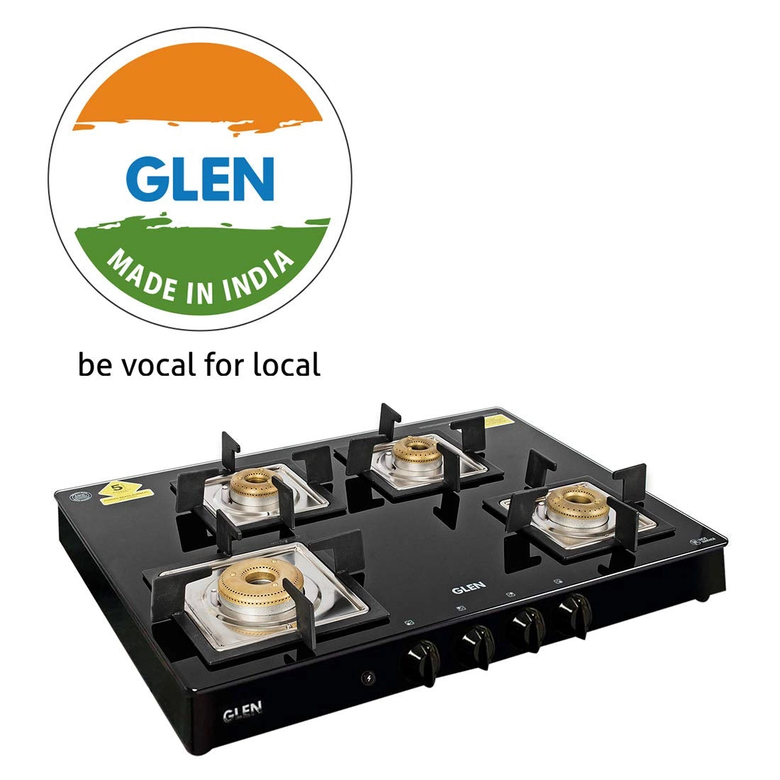 Glen 4 Burner Glass Black Cooktop 1048 SQ BL Forged Brass Burners Auto Ignition
