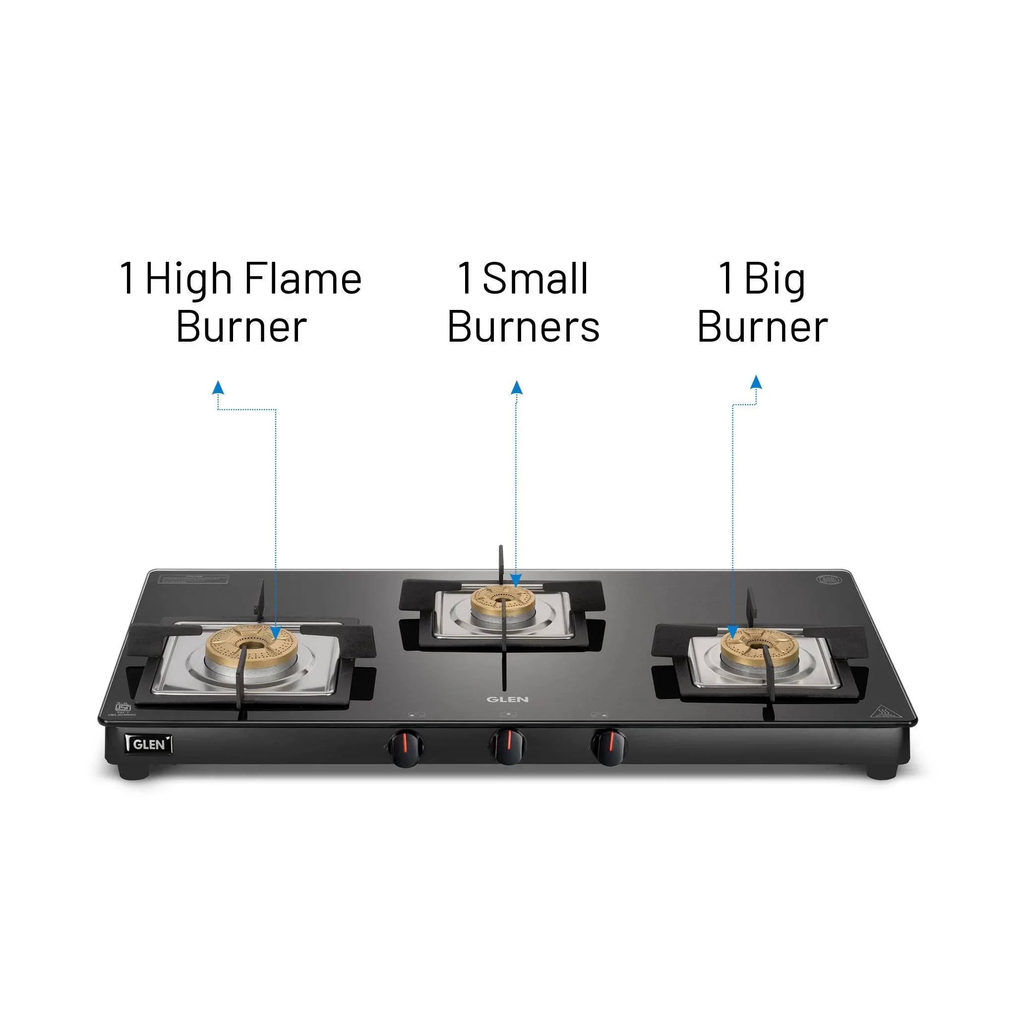 Glen 3 Burner Ultra Slim Glass Gas Stove with High Flame Forged Brass Burner - Manual Ignition (1038 SL SQ BL FB)