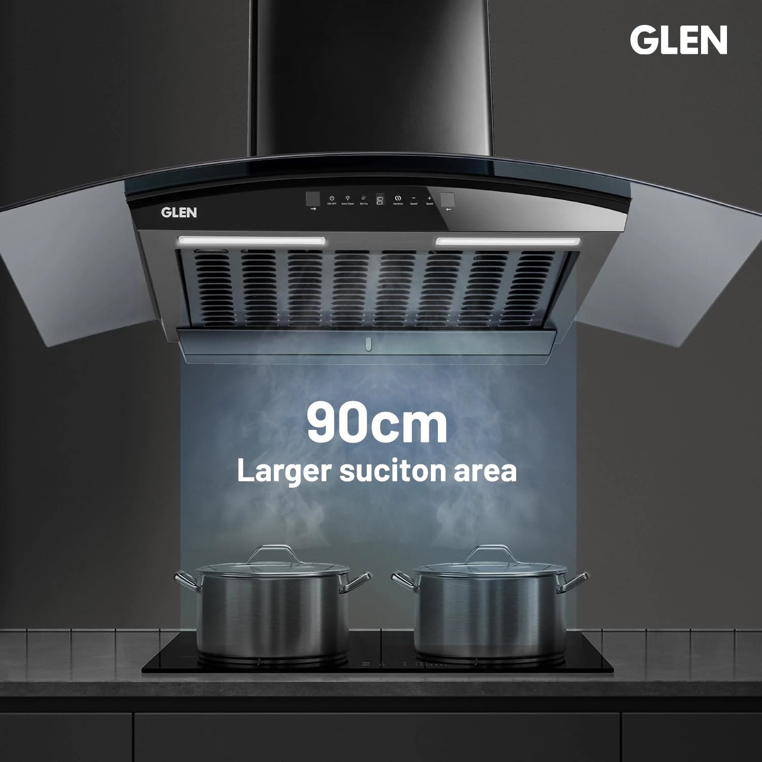 Glen 90 cm 1500 m³/hr BLDC Filterless Thermal Autoclean Kitchen Chimney, Curved Glass |(Hood RICA 90, Aeration technology| Touch & Gesture Control,Black)