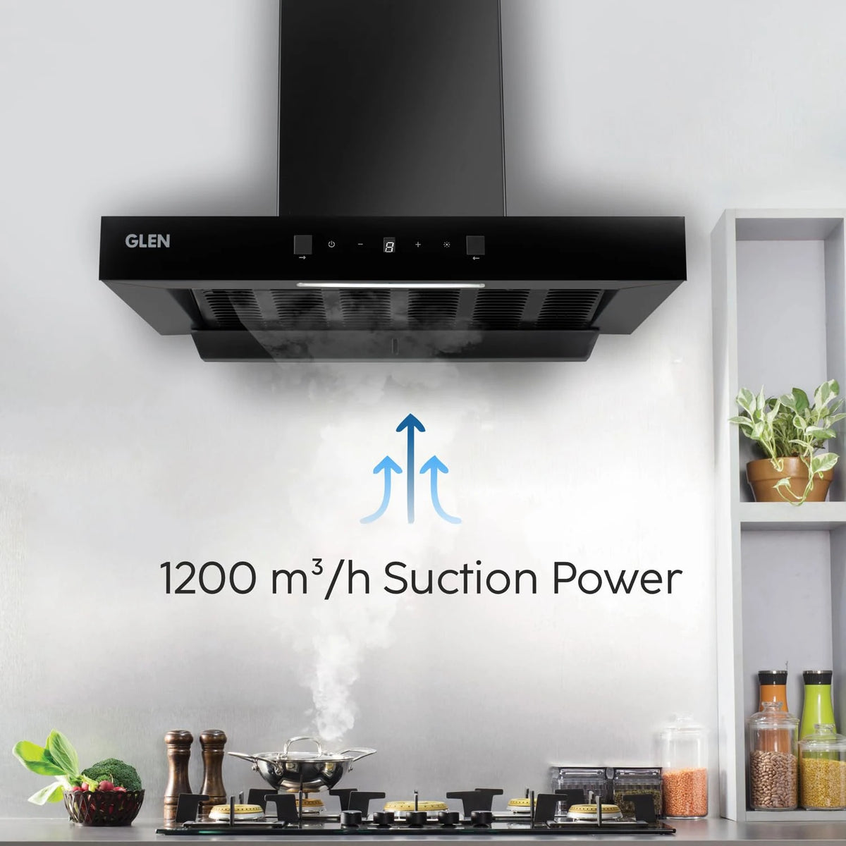 Glen CH6052DIBLAC60 Filterless Auto Clean Kitchen Chimney | 1200CMH Suction | Motion Sensor & Touch Control Panel | Digital Display | Wall Mounted | 1 Year Comprehensive Warranty 7 Year on Motor|Black